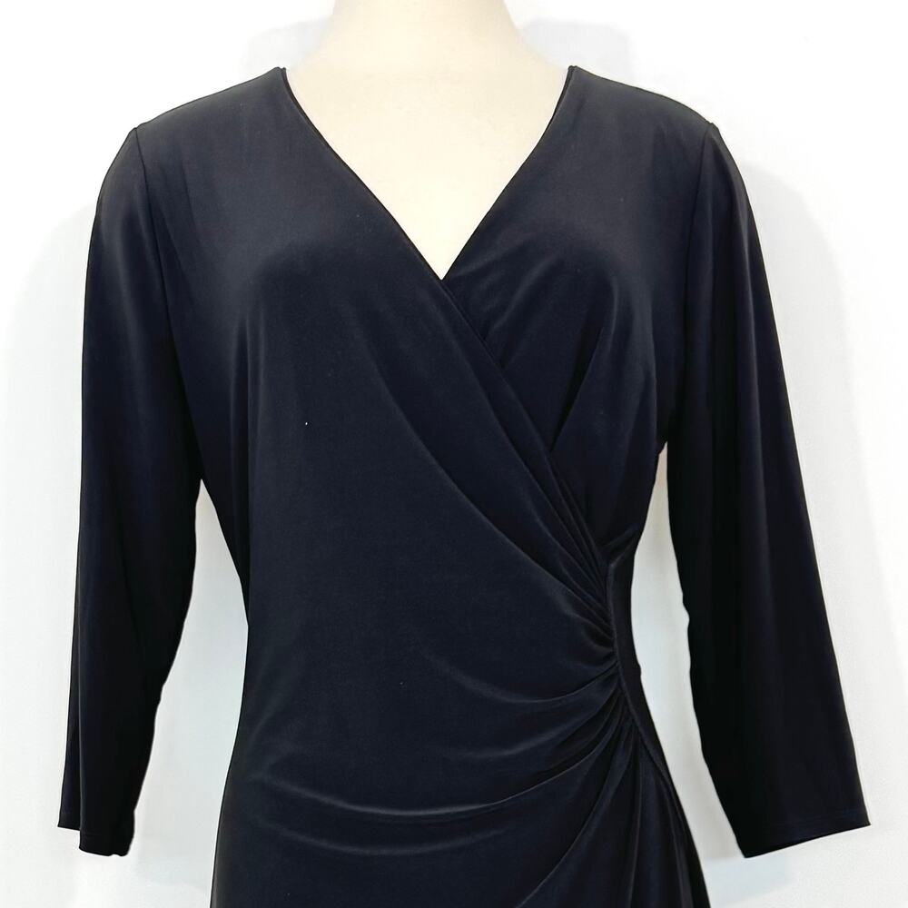 WHBM Wrap Ruched Sheath Dress 3/4 Sleeves Black L - Picture 2 of 10